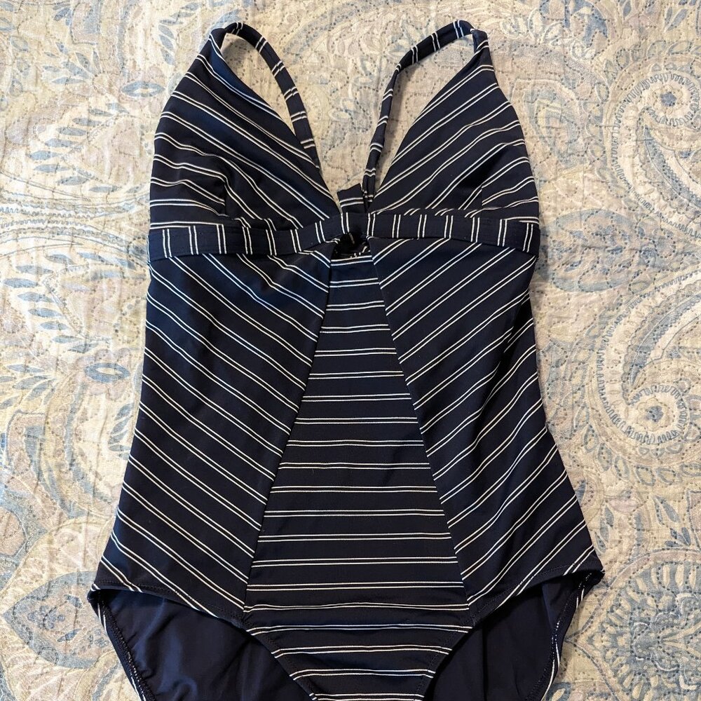 Athleta Piha one-piece swim suit navy stripe size M Tall